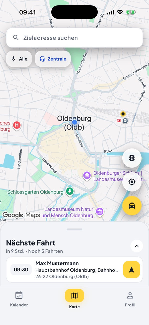 Fahrer-App: Karte mit der nächsten Fahrt und Funk-Tasten für alle und die Zentrale
