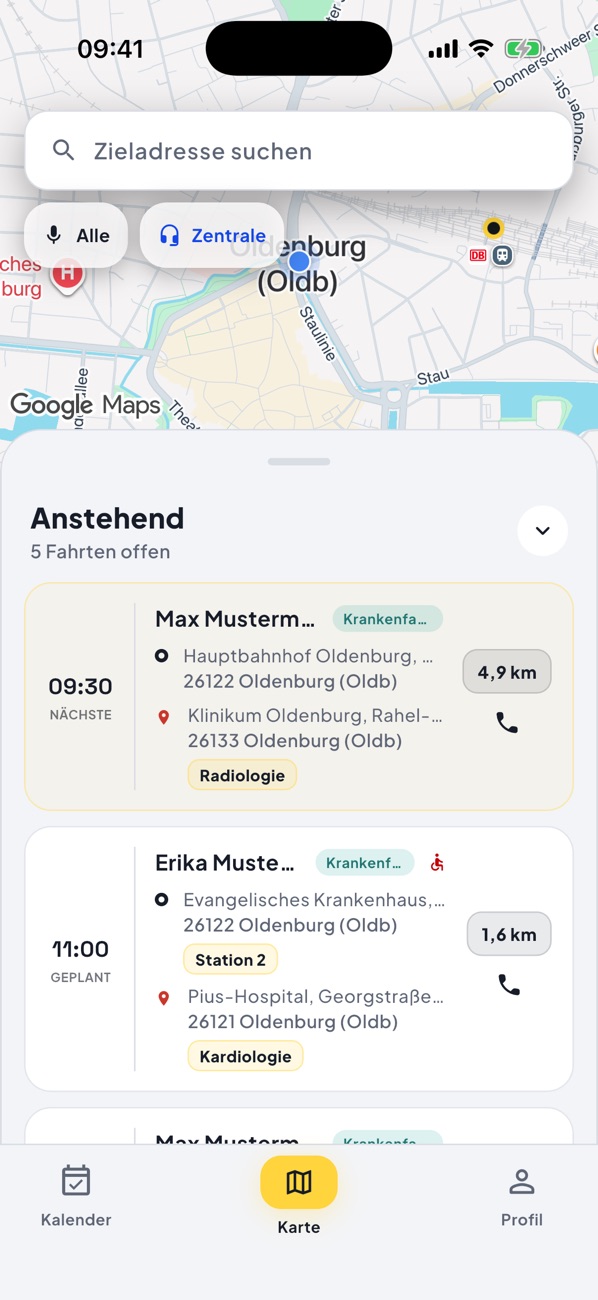 Fahrer-App: Liste der anstehenden Fahrten mit Entfernung, Station und Fachabteilung