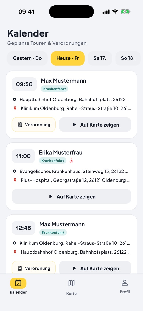 Fahrer-App: Kalender mit geplanten Touren und Verordnungen je Tag