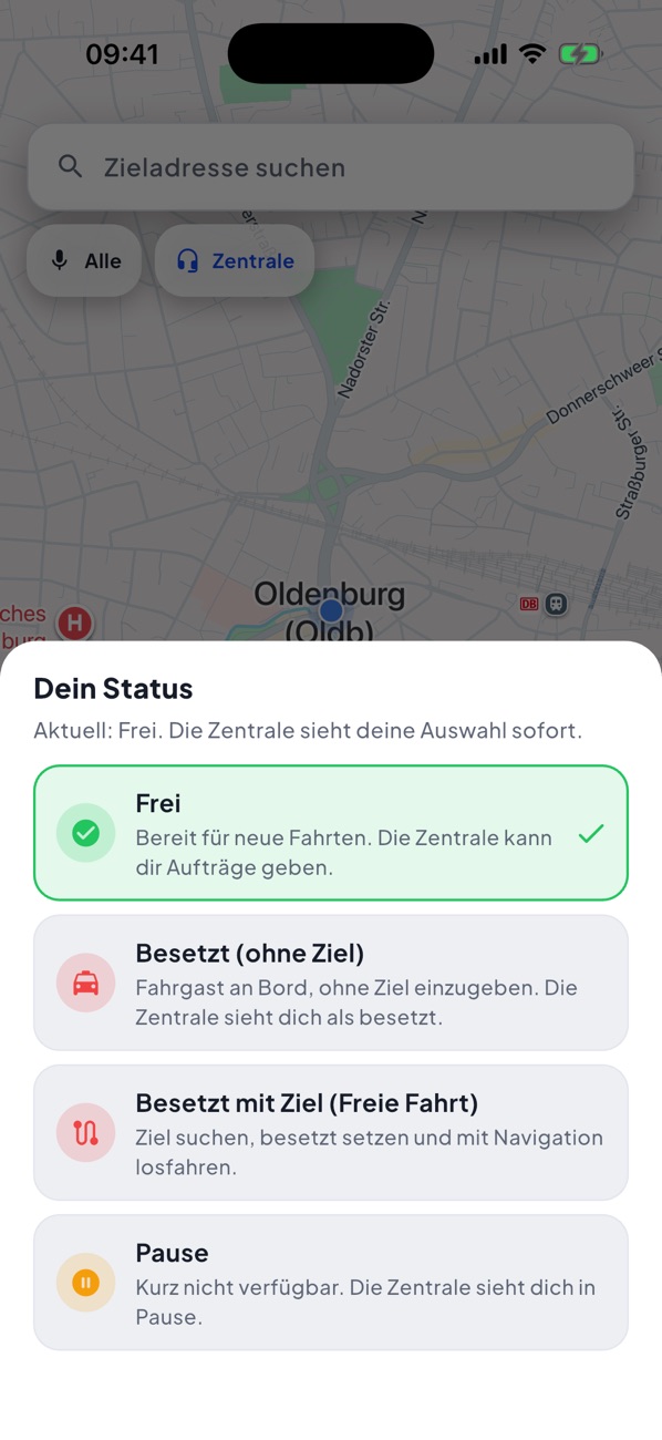 Fahrer-App: Status wählen – Frei, Besetzt, Besetzt mit Ziel oder Pause