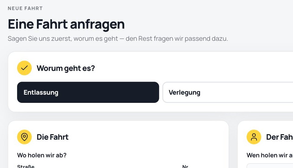 Ausschnitt Bestellportal: „Eine Fahrt anfragen“ mit der Auswahl Entlassung, Verlegung oder Ambulant