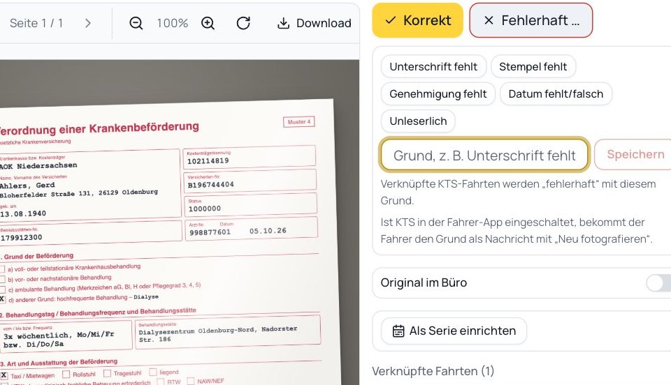 Ausschnitt KTS-Prüfung: Foto der Verordnung einer Krankenbeförderung neben den Tasten Korrekt und Fehlerhaft und festen Gründen wie Unterschrift fehlt