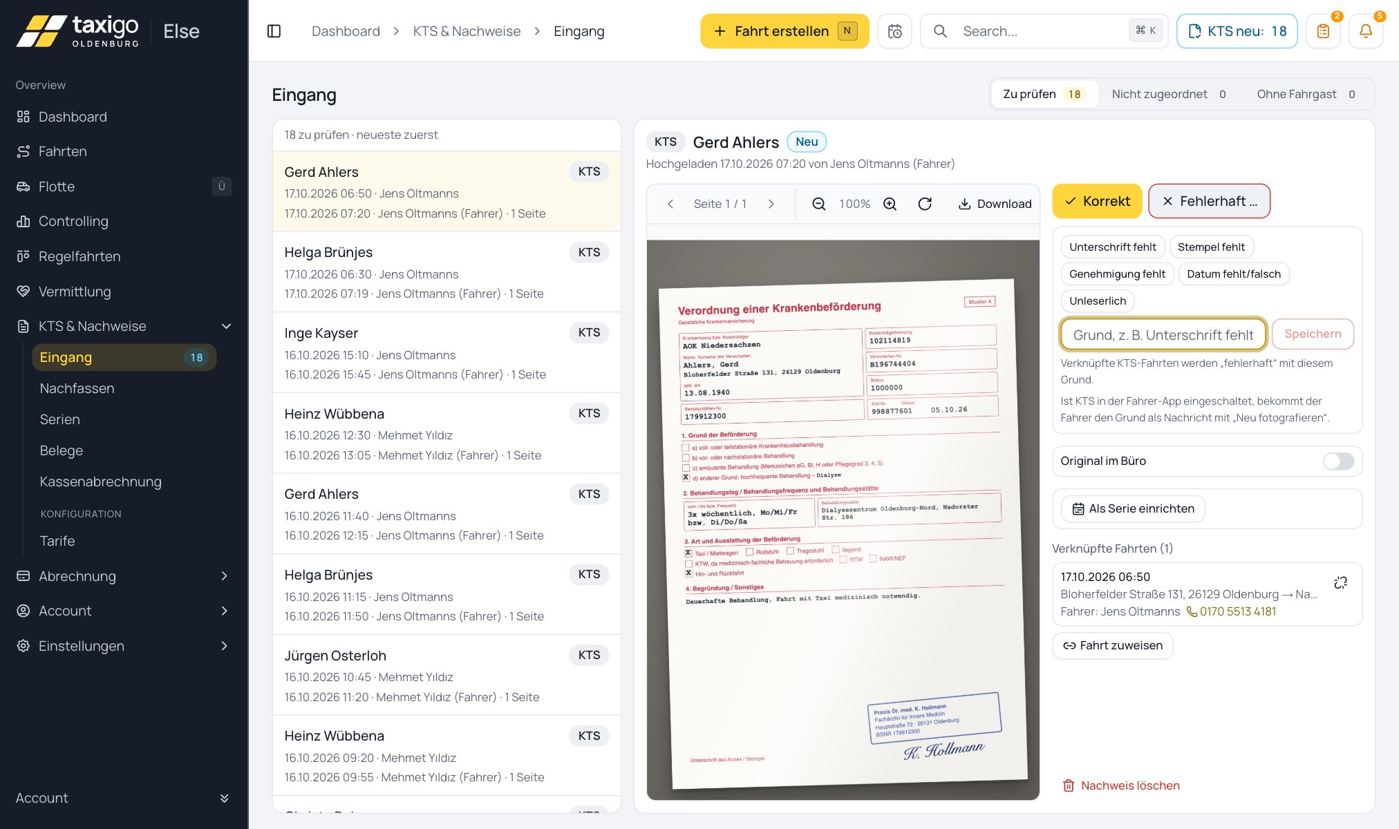 Else-Leitstelle: Eingang der Transportscheine – links die zu prüfenden Uploads der Fahrer, in der Mitte das Foto der Verordnung, rechts Korrekt oder Fehlerhaft mit festen Gründen wie Unterschrift fehlt