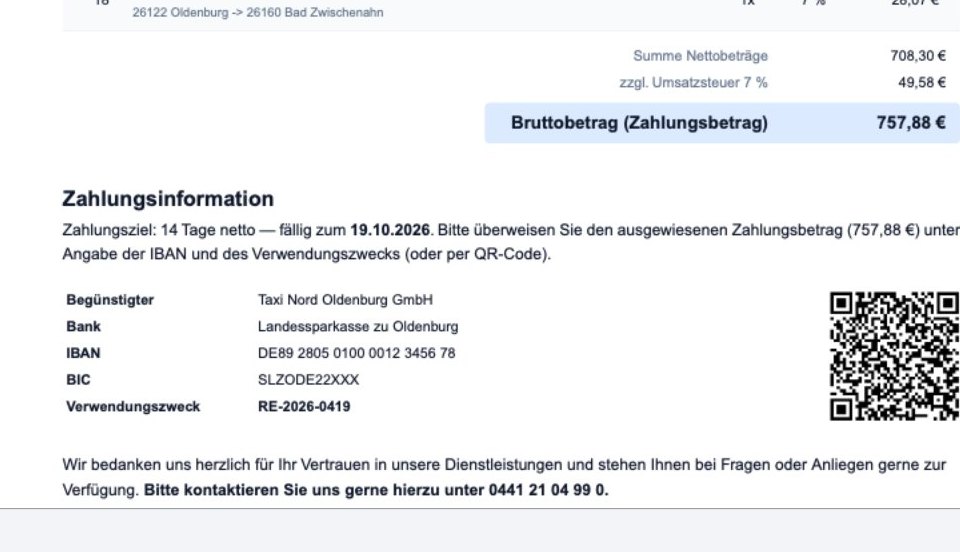 Ausschnitt Rechnung als PDF: Nettobeträge, Umsatzsteuer, Bruttobetrag und Zahlungsinformation mit IBAN und GiroCode zum Scannen