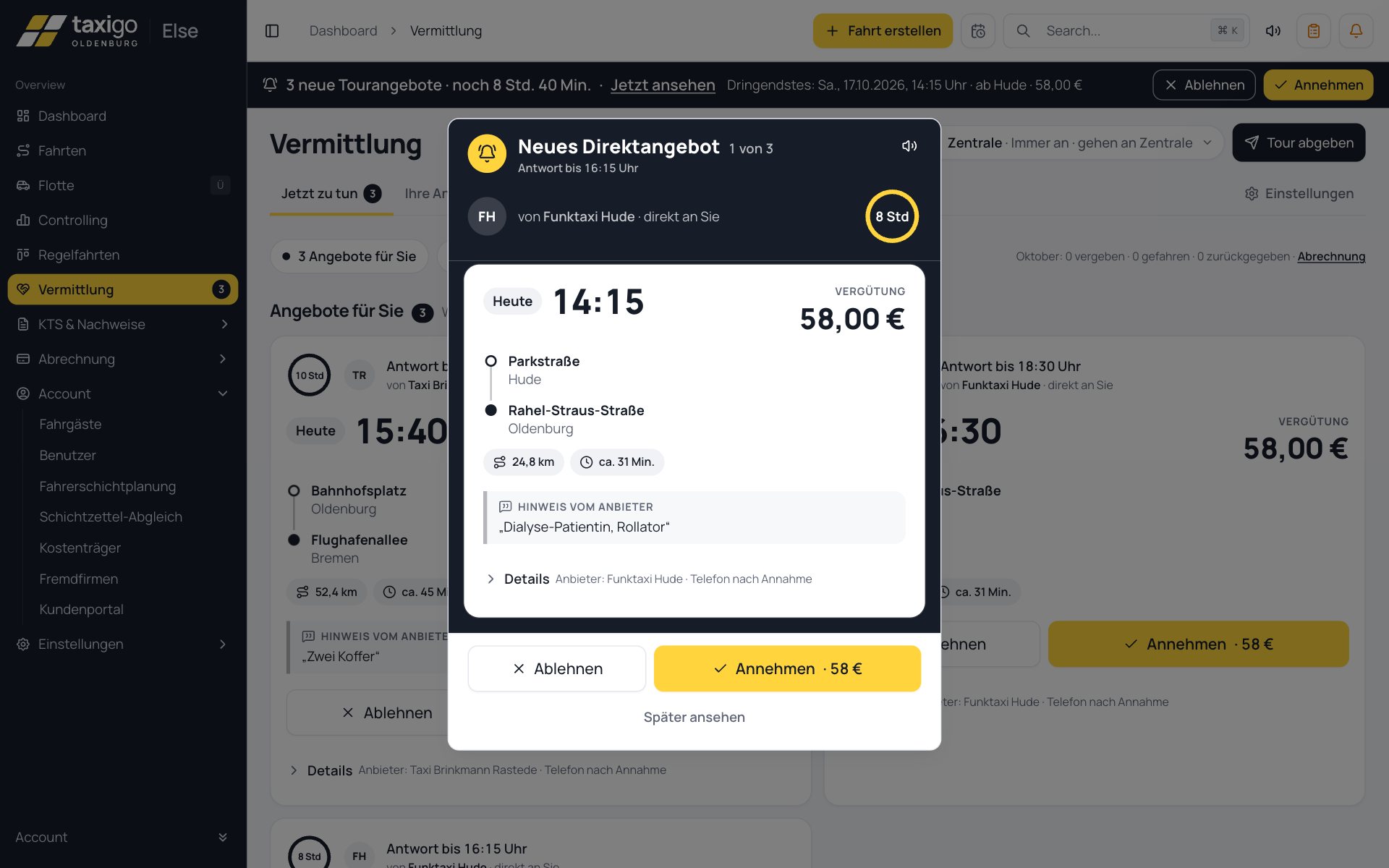 Else-Leitstelle, Tourenvermittlung: Fenster „Neues Direktangebot“ von einem Partnerbetrieb – heute 14:15 Uhr von Hude nach Oldenburg, 24,8 km, 58 Euro Vergütung, mit Ablehnen und Annehmen; dahinter weitere Angebote