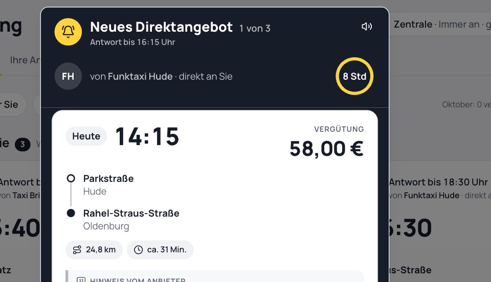 Ausschnitt Tourenvermittlung: Ein Partnerbetrieb bietet eine Fahrt heute um 14:15 Uhr von Hude nach Oldenburg an – mit Strecke, Fahrzeit und 58 Euro Vergütung